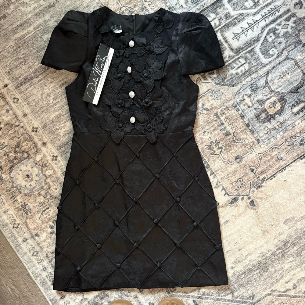 Dalia Macphee black floral aplique beaded dress size M NEW